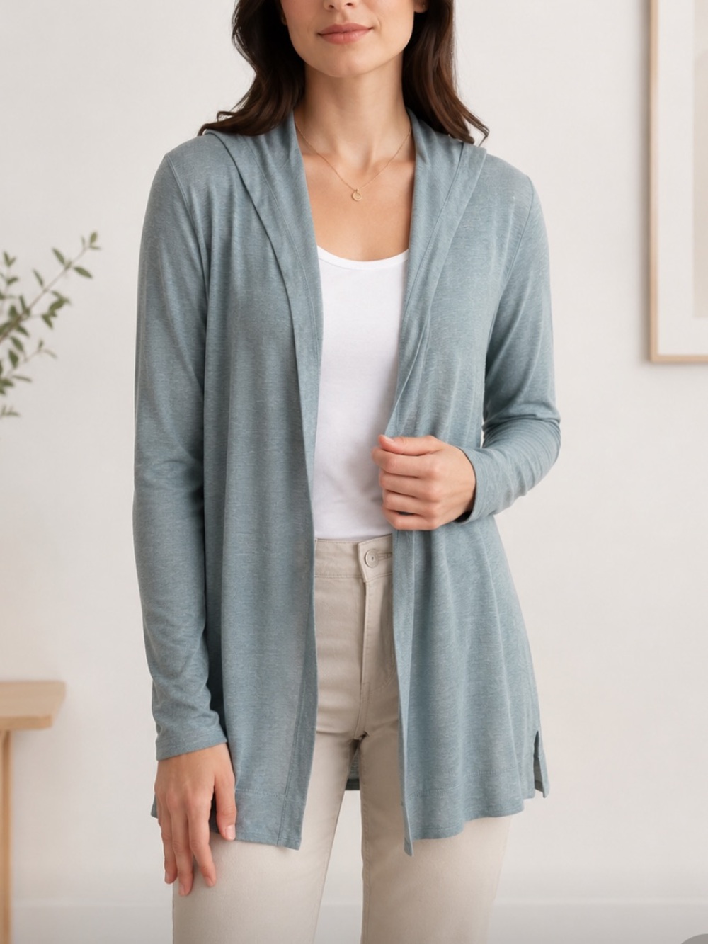 Tahari 100 % Linen Seafoam Open-Front Hooded Cardigan